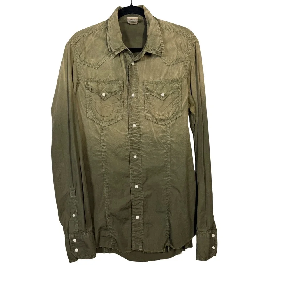 True Religion Mens Khaki Green Long Sleeve Western Snap‎ Button Shirt XL